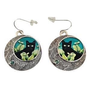 Black Cat in a Field w/Green Rhinestone Accent Silver Earrings Halloween Artisan